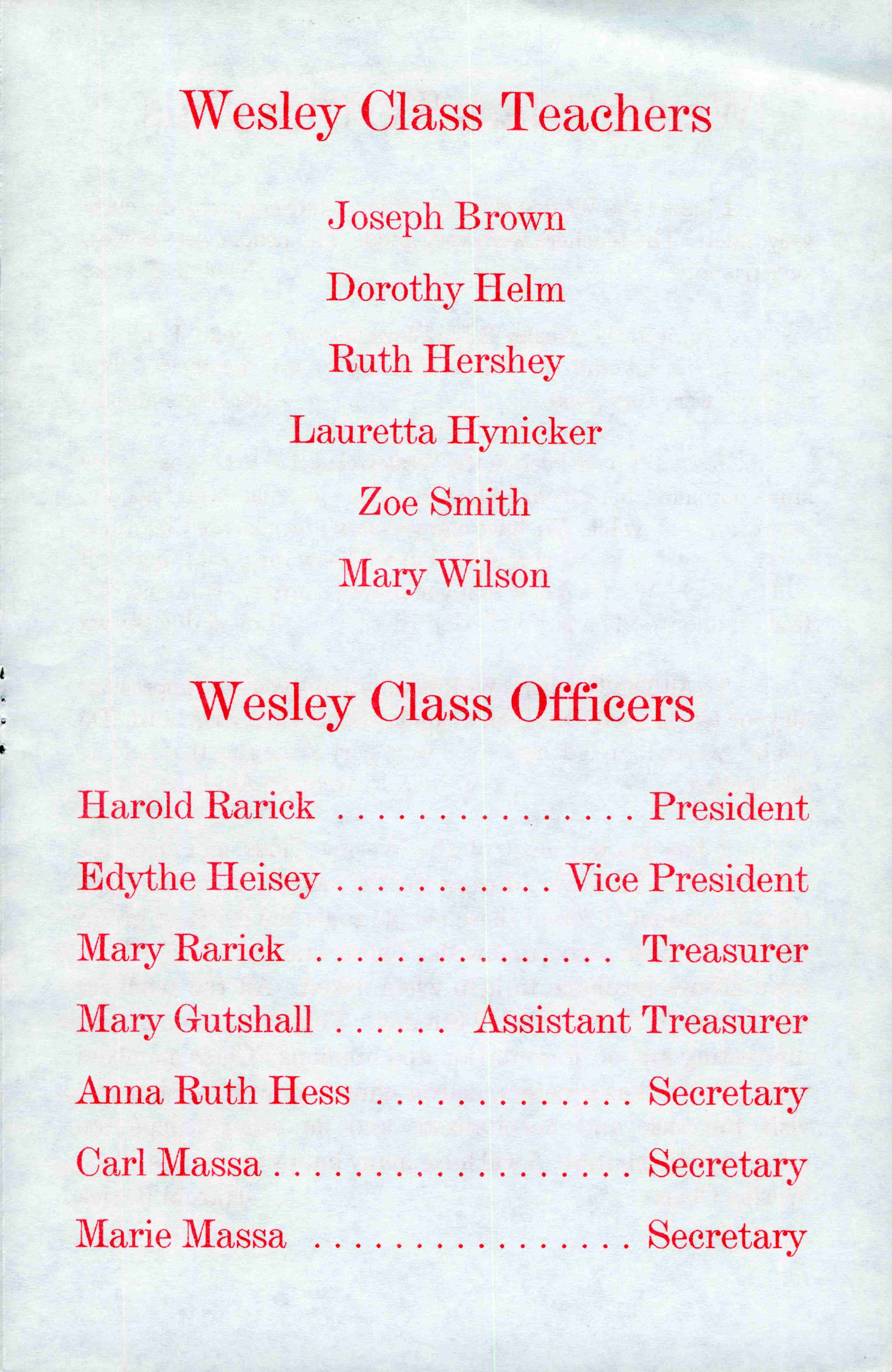 Wesley Class Teachers