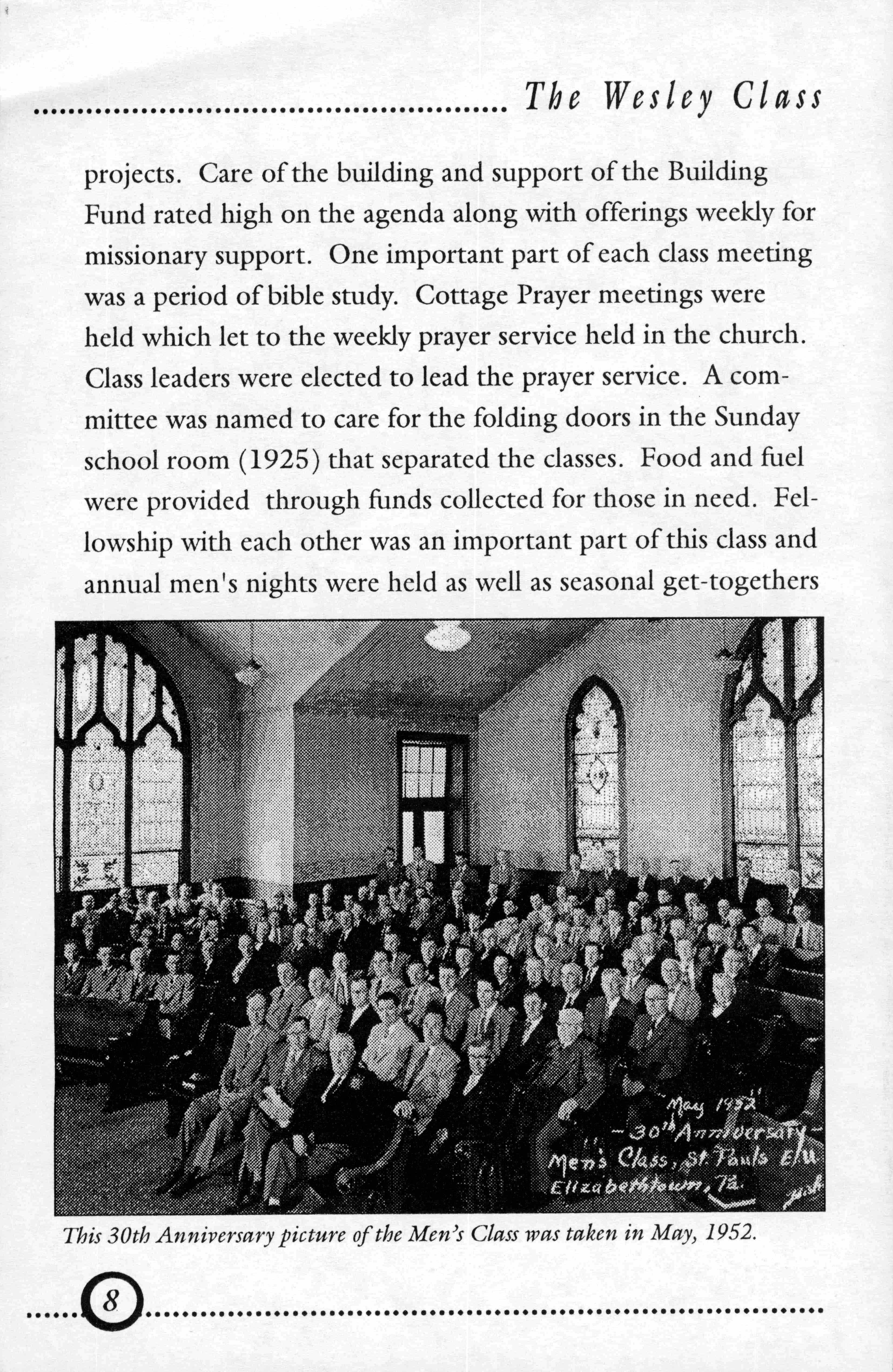 Page 8: The 30th Anniversary picture of the Men's Class was taken in May, 1952