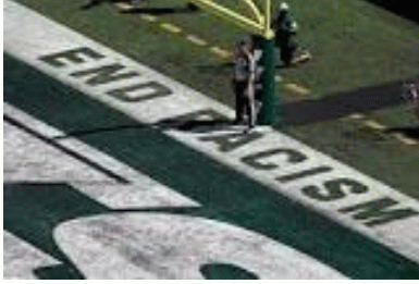 End zone sign: end racism